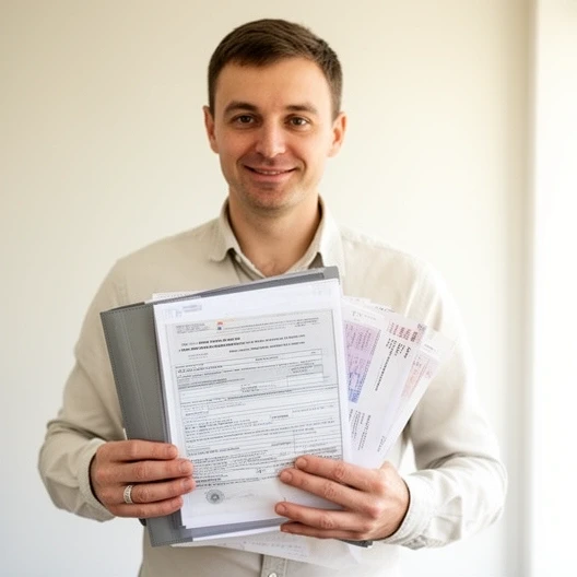 Mężczyzna trzyma teczkę z zaświadczeniem o zarobkach i wyciągami z konta