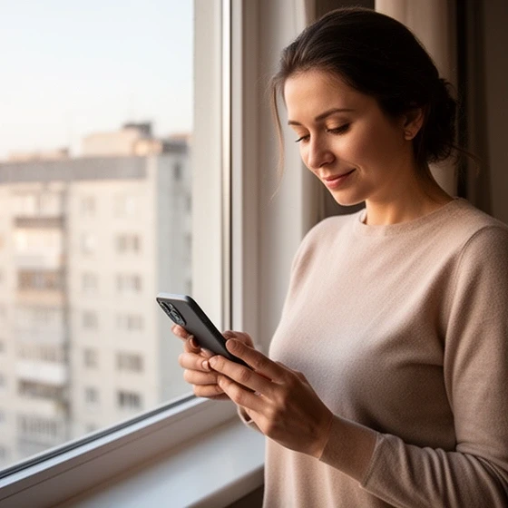 Kobieta przy oknie sprawdza w telefonie harmonogram spłaty kredytu